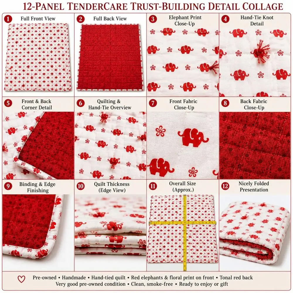 Handmade Red Elephant Hand-Tied Quilt 55 x 70
